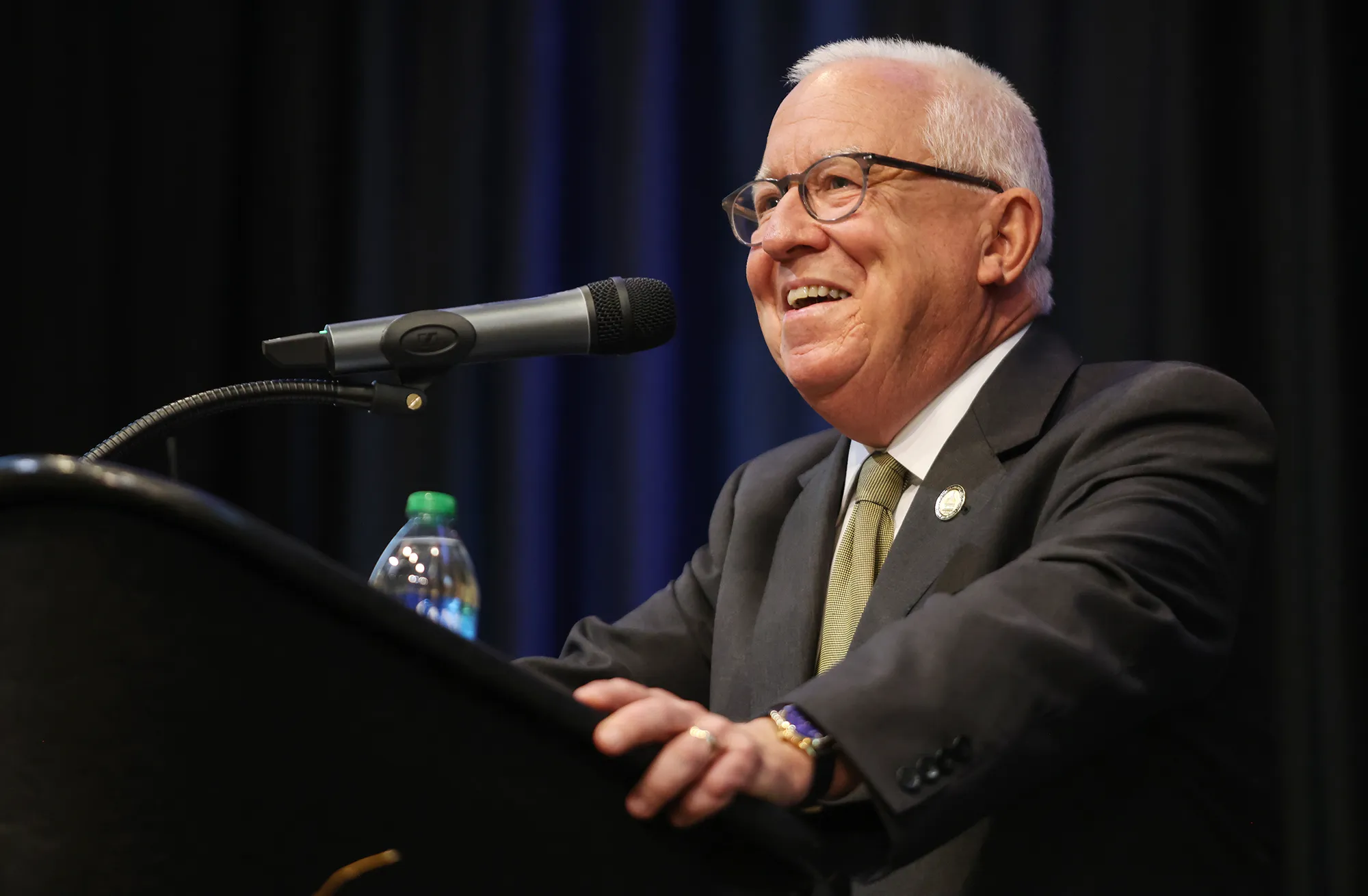 Joseph S. Paul speaks to an audience as he is named the 11th President of the University of Southern Mississippi during a formal announcement ceremony at the university's Thad Cochran Center.
