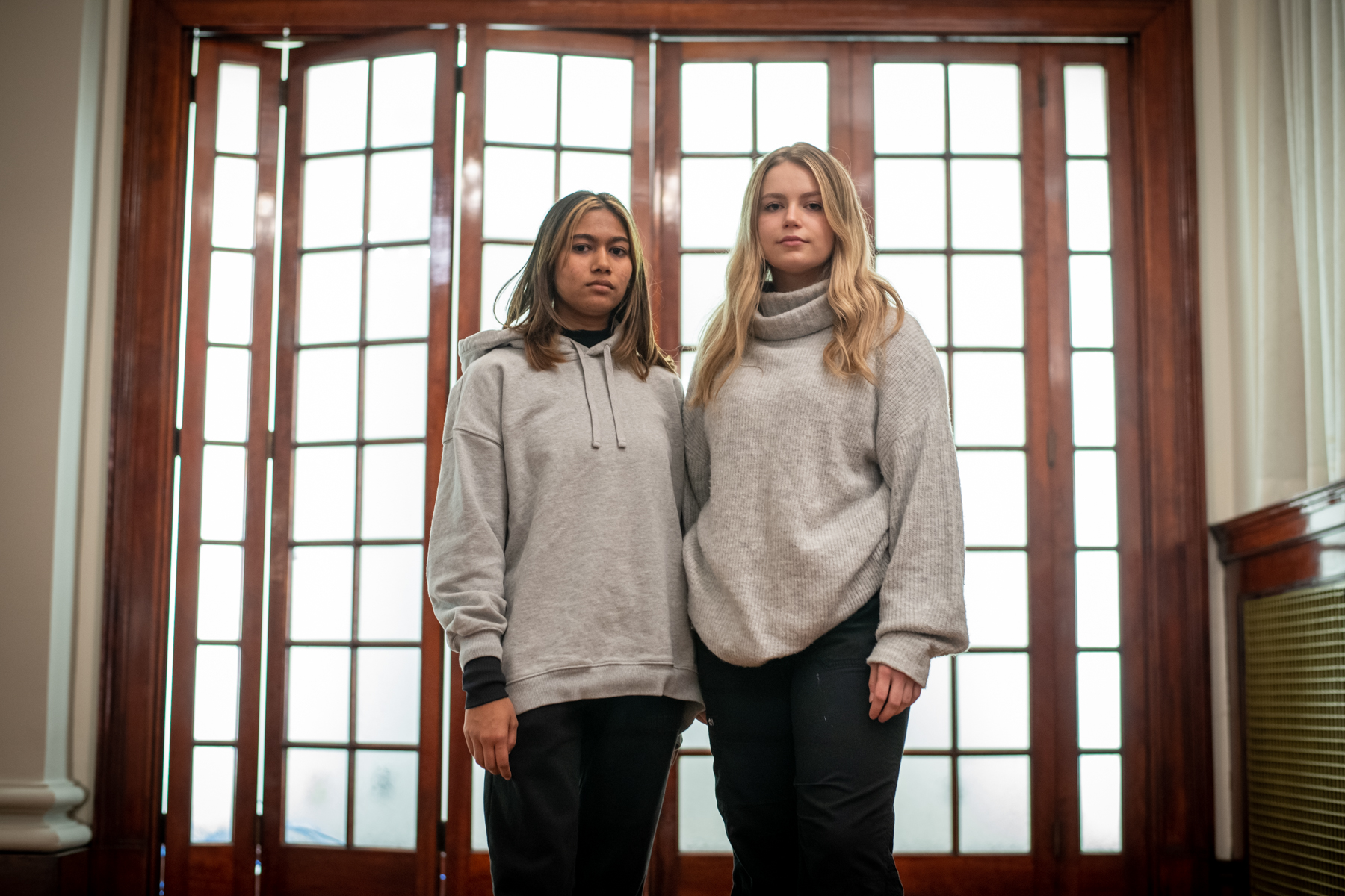 University of Pittsburgh students Audrika Khondaker, left, 20, a neuroscience major, and Scarlett Hudson, 20, a biology and gender, sexuality, and women’s studies double major, stand for a portrait in Alumni Hall, Wednesday, Oct. 19, 2022, in Oakland.