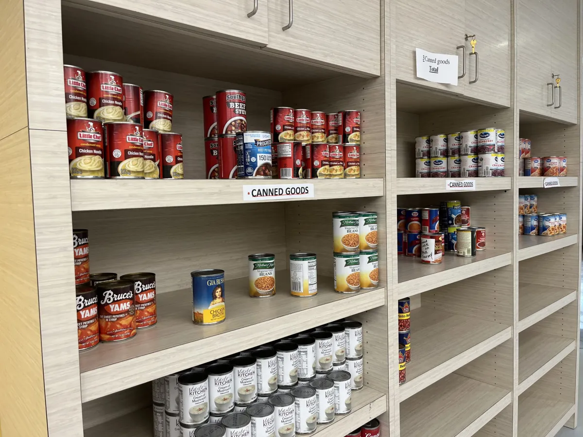 Canned goods line the shelves