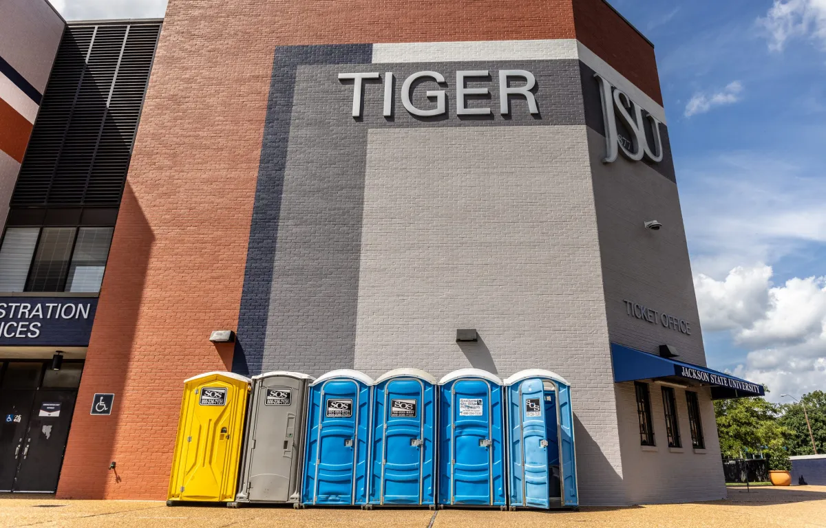 Due to the Jackon's water issues, portable toilets are placed outside of Jackson State University's Lee E. Williams Athletic and Assembly Center.