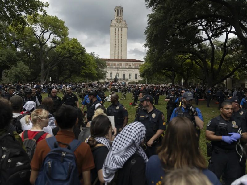 Protesters on Wednesday during a student demonstration in support of Palestinians at the University of Texas at Austin campus. Credit: Julius Shieh/The Texas Tribune