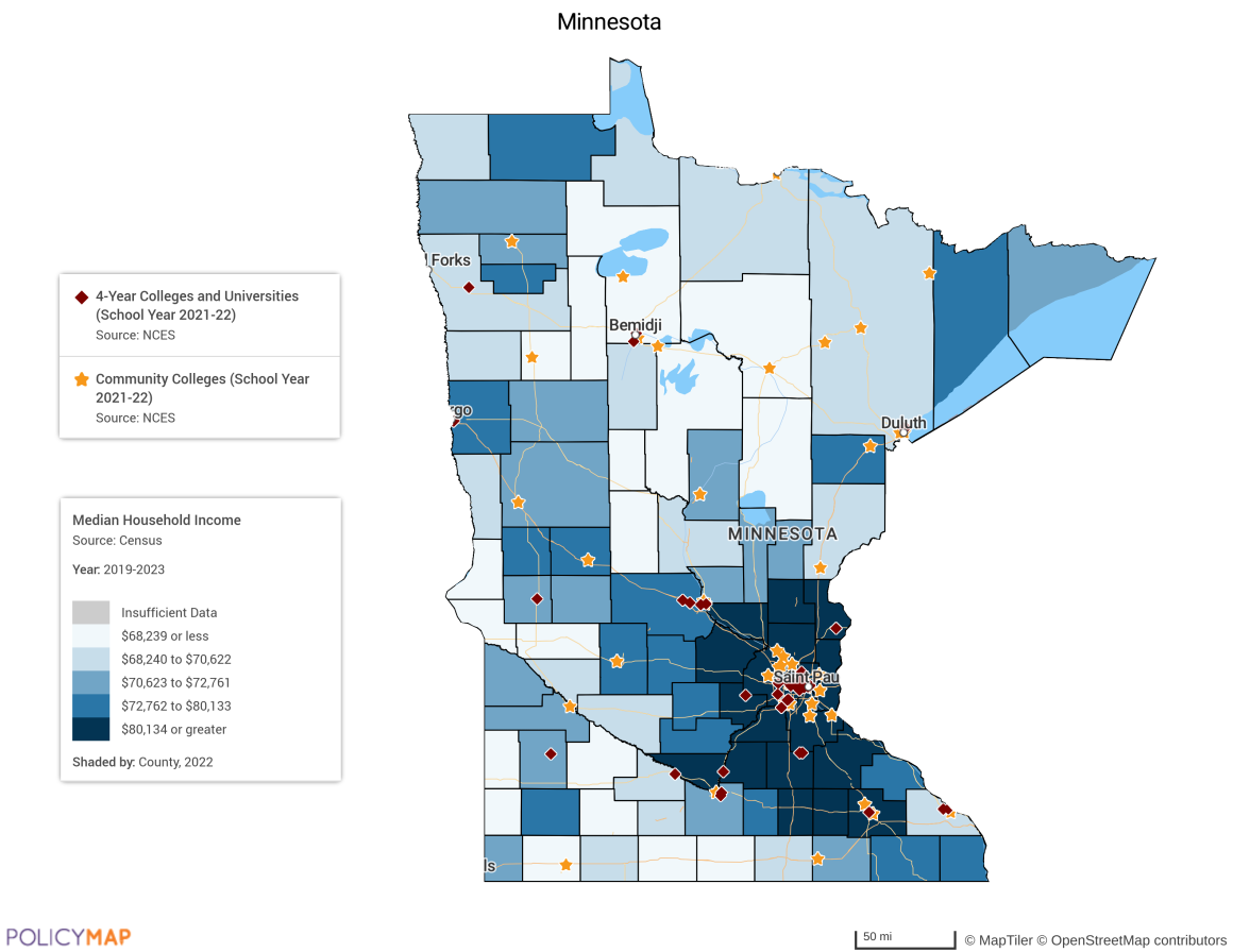 A map of Minnesota shows where 4-year and community colleges are located based on median household income.