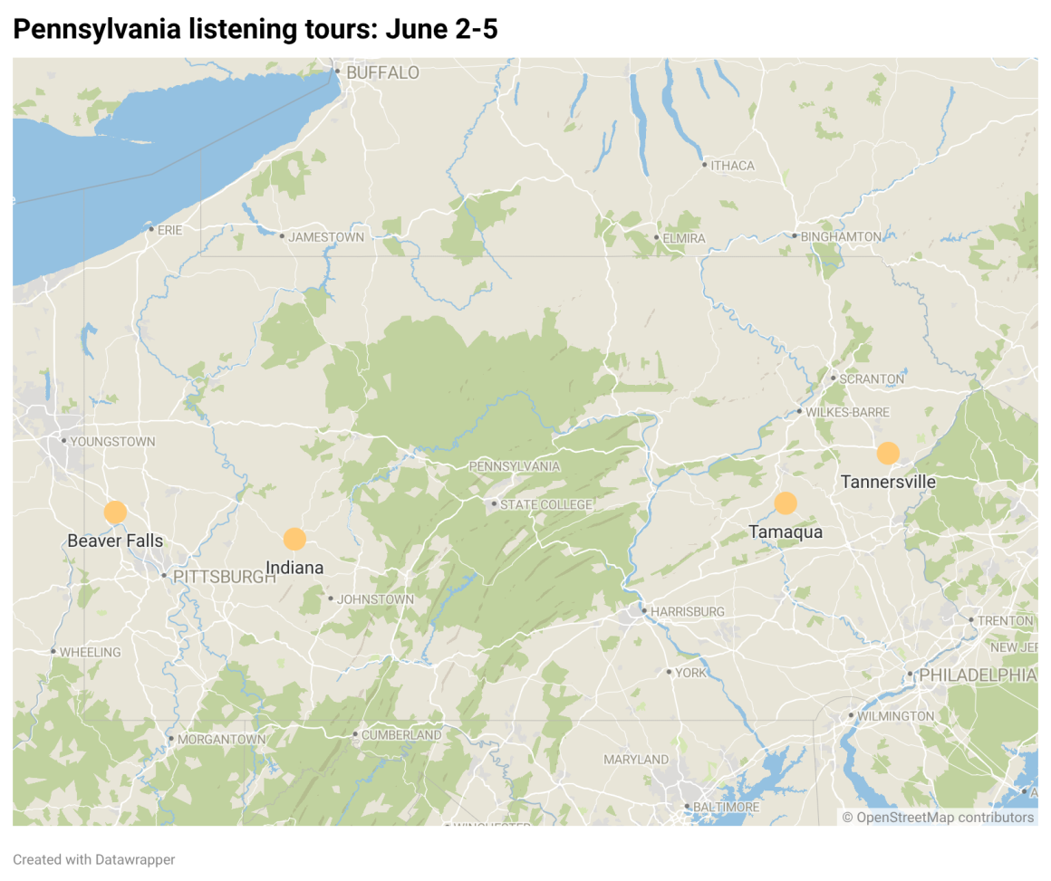 A graph showing the location of the listening tours in Pennsylvania