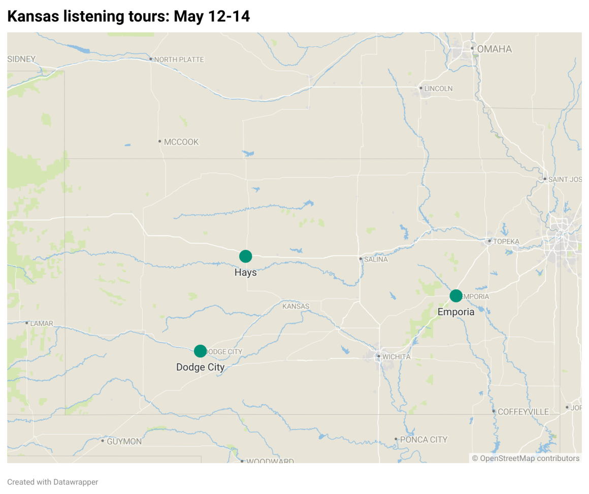 A graph showing the location of the listening tours in Kansas