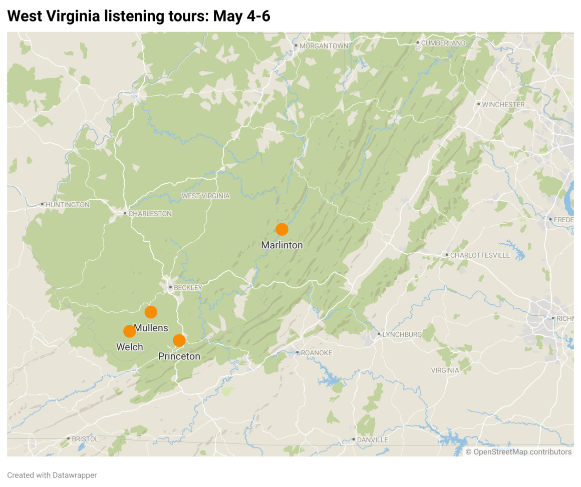 A graph showing the location of the listening tours in West Virginia
