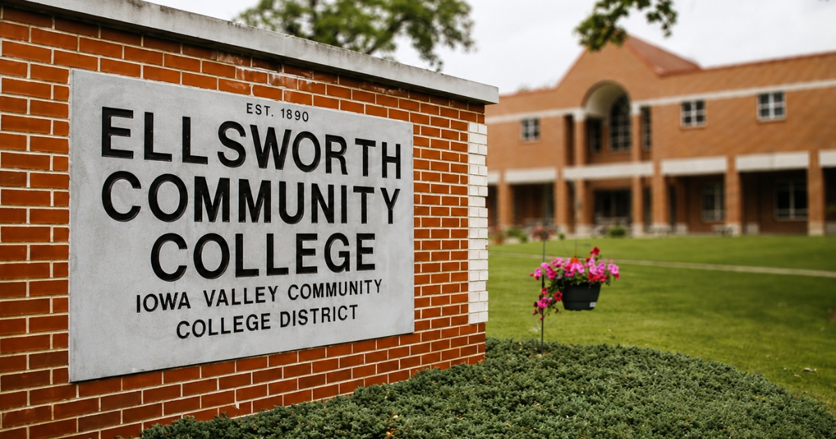 A sign reading Ellsworth Community College is in the foreground with a matching brick building in the background, unfocused.